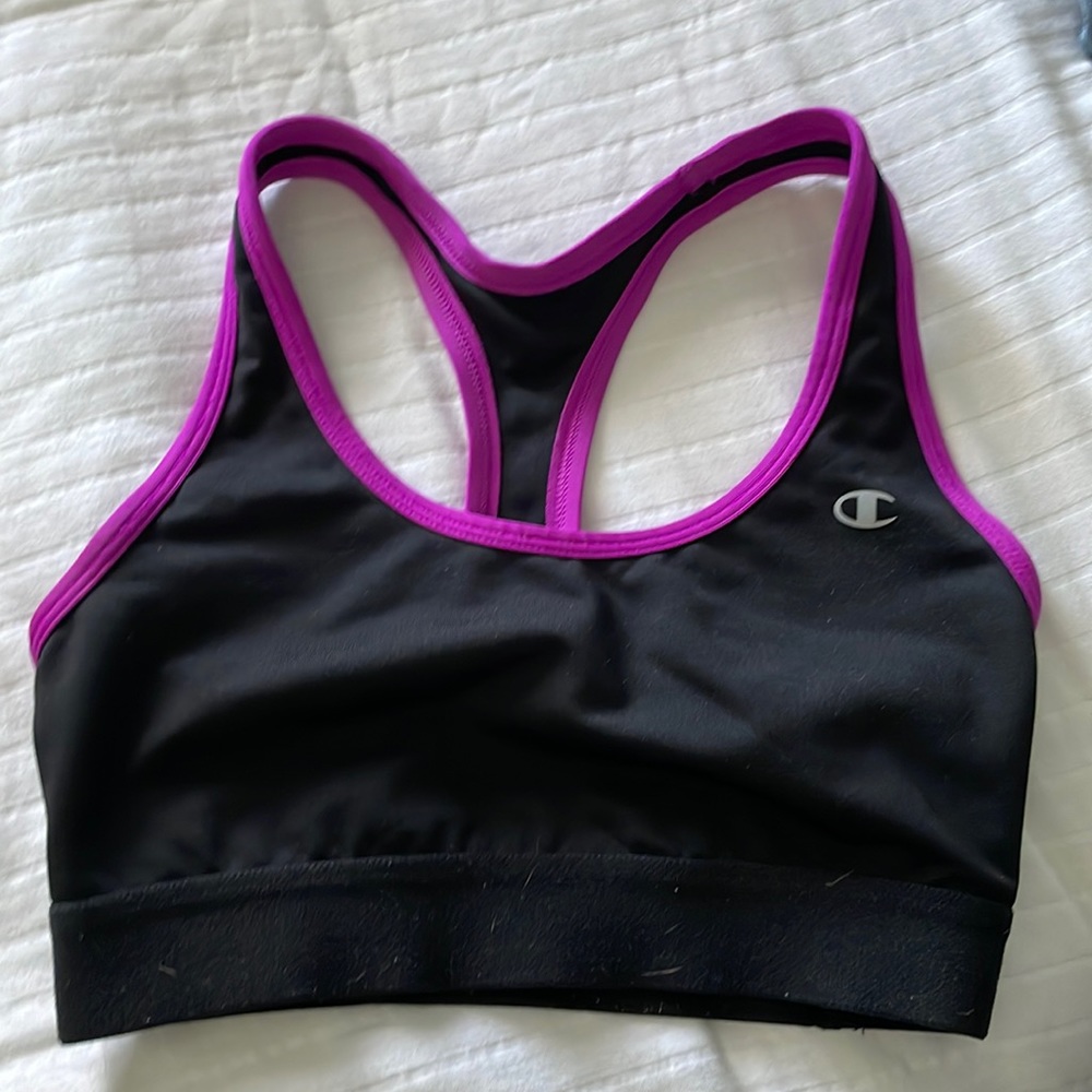black and purple champion sports bra